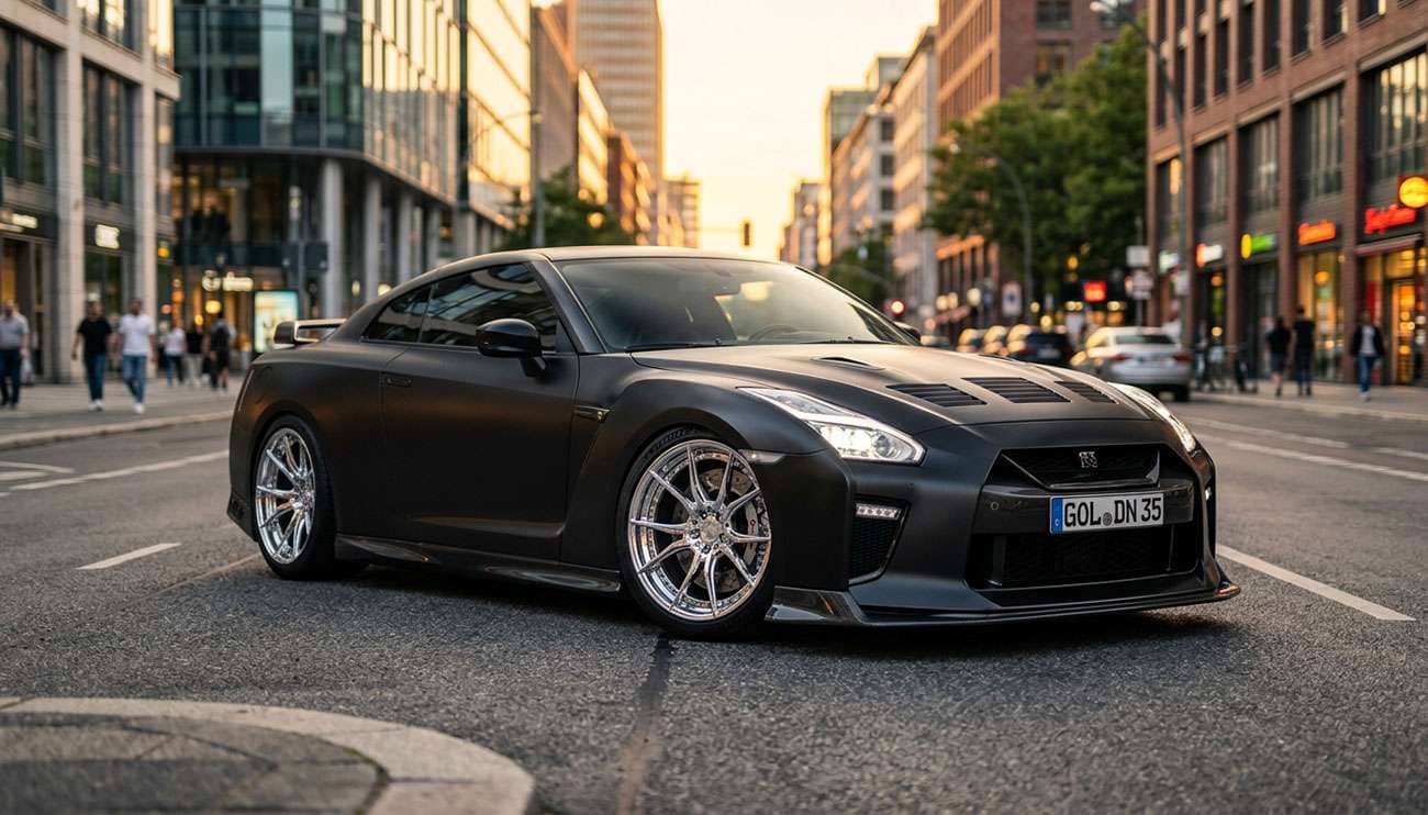 custom aftermarket rims on a lowered black sports car parked on a city street