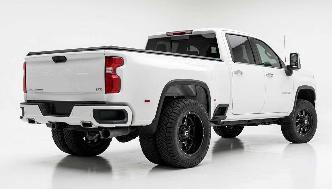Rear view of a dually pickup truck fitted with Fuel Maverick Dually Rear D538 wheels