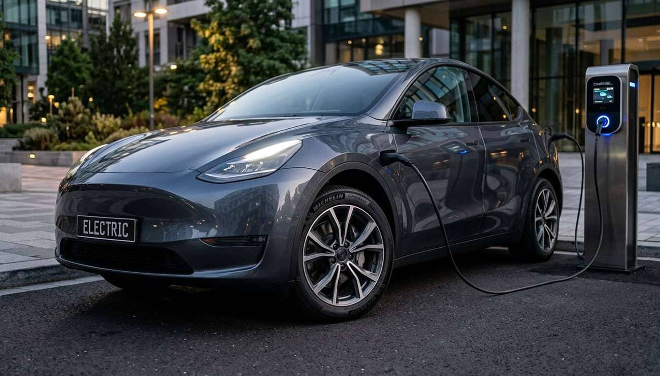 Electric vehicle at charging station with focus on tire and wheel showing EV-specific construction