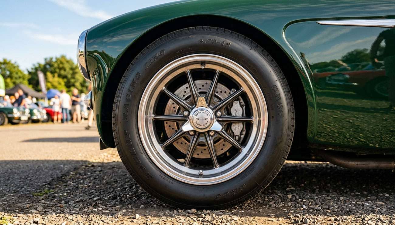 close-up of polished magnesium racing wheels on a vintage 1960s sports car at a classic car show