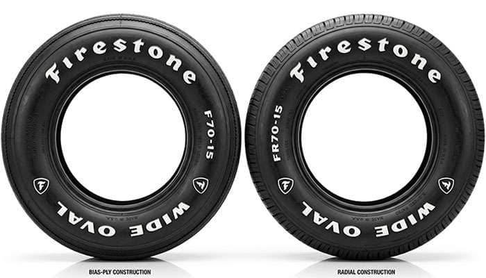 Bias-ply and radial Wide Oval tires shown side by side for comparison