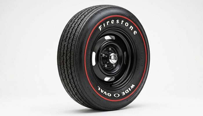 Firestone Wide Oval redline tire with a thin red stripe on the sidewall