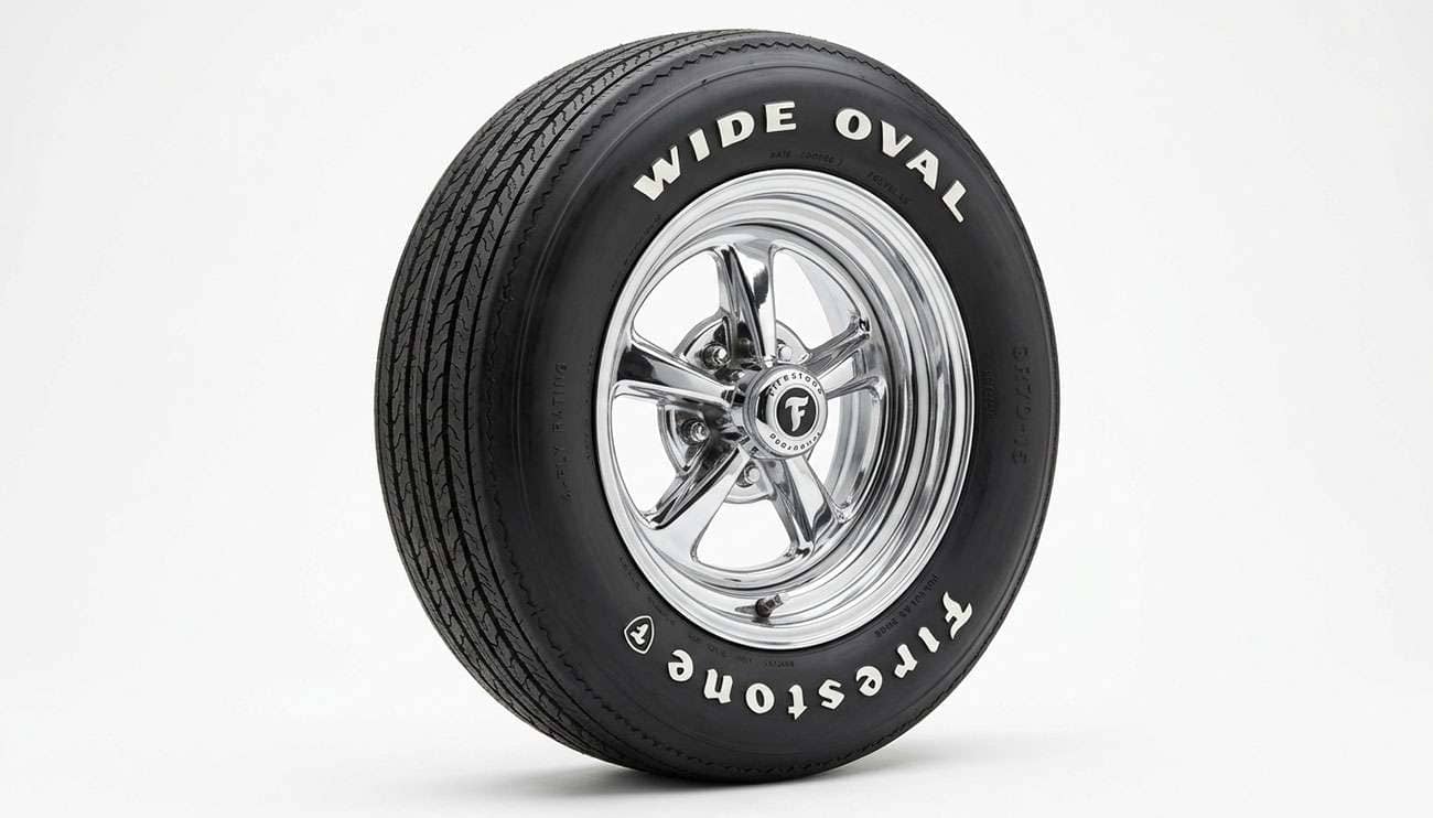 Firestone Wide Oval raised white letter tire mounted on a classic muscle car wheel