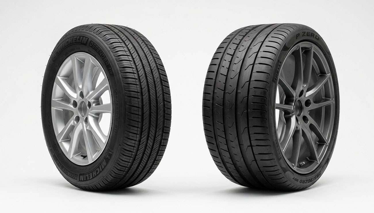 Side-by-side comparison of a stock-width passenger tire next to a wider aftermarket performance tire on a clean white studio backdrop