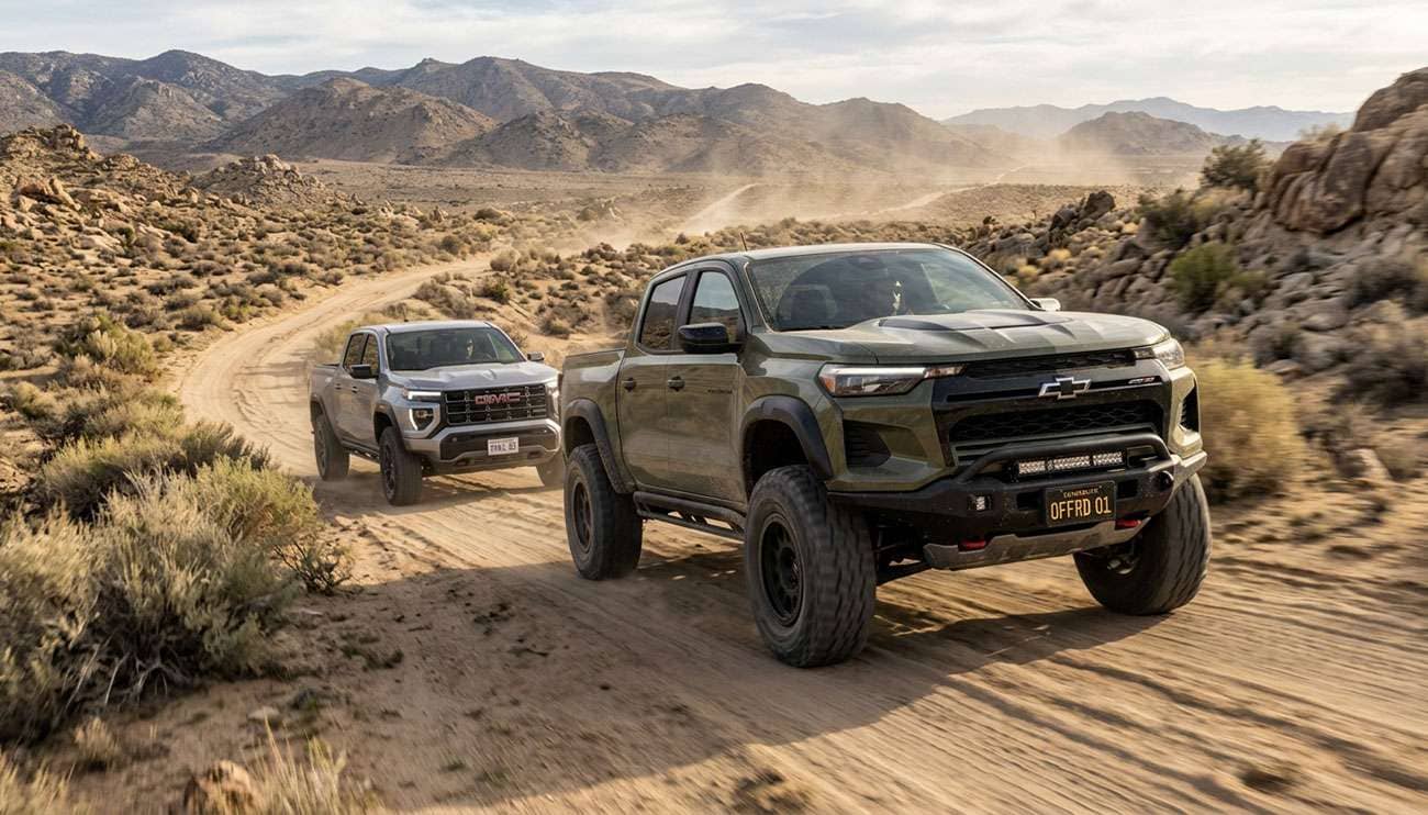 Chevy Colorado Trail Boss and Colorado ZR2 midsize pickups on 33-inch all-terrain and mud-terrain tires on a dirt trail