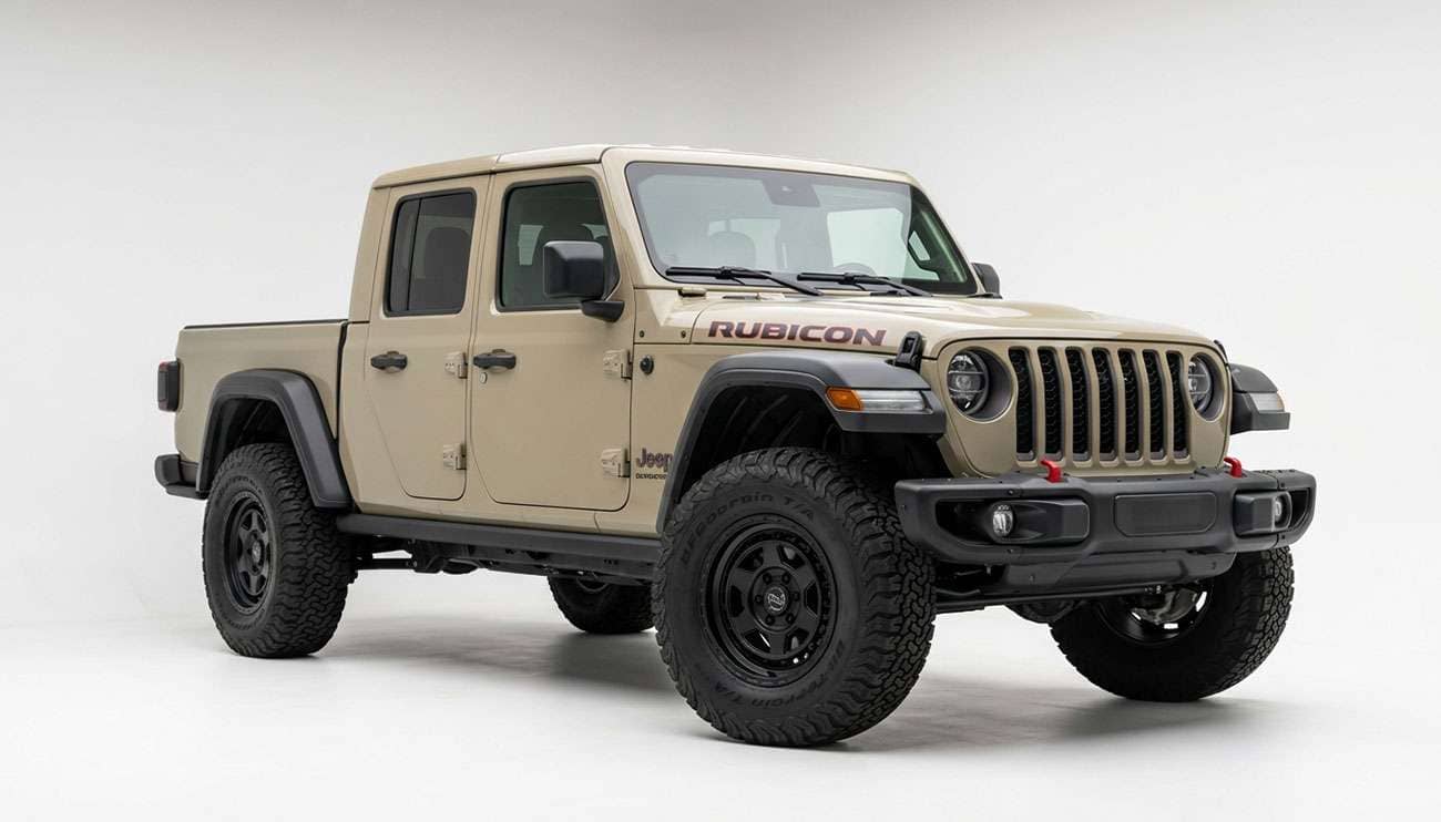 Jeep Gladiator Rubicon pickup on 35 inch all-terrain tires with stock suspension height
