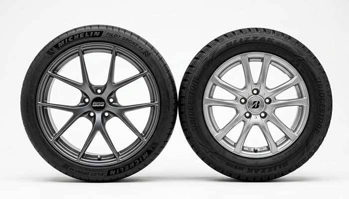 Side by side comparison of a low profile tire on a large wheel and a taller sidewall winter tire on a smaller wheel