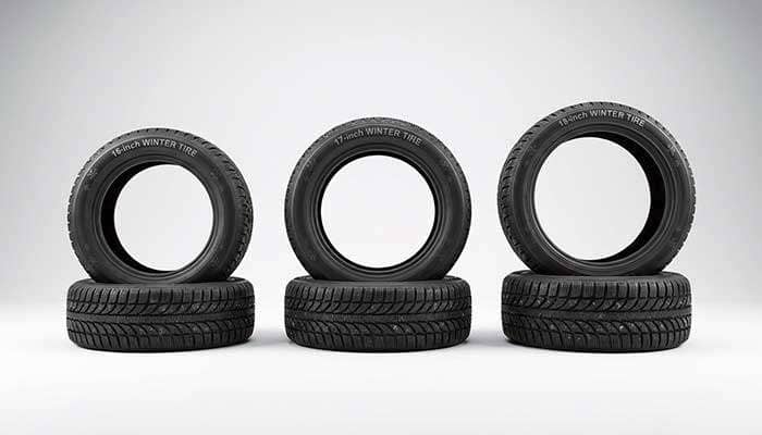 Three winter tires of 16, 17, and 18 inches displayed on stacks of tires with the text 'What's the best winter tire size?'