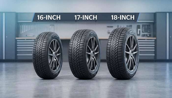Comparison of 16, 17, and 18 inch winter tires displayed in a garage setting with text about best winter tire size