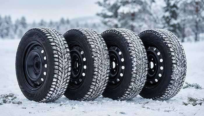 Winter tires mounted on smaller wheels for improved frostbite resistance and better performance in snowy conditions