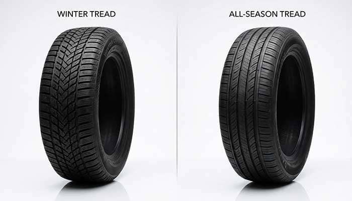 Comparison of winter tires on snowy road versus all season tires on green grass road under the title Winter Tires vs All Season Tires