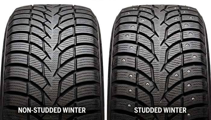 Close-up of winter tire tread versus studded tire tread with text Winter Tires VS Studded Tires and Ice Testing