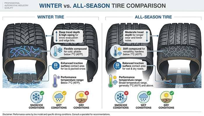 Comparison chart highlighting key differences between winter tires and all-season tires by NeoTires