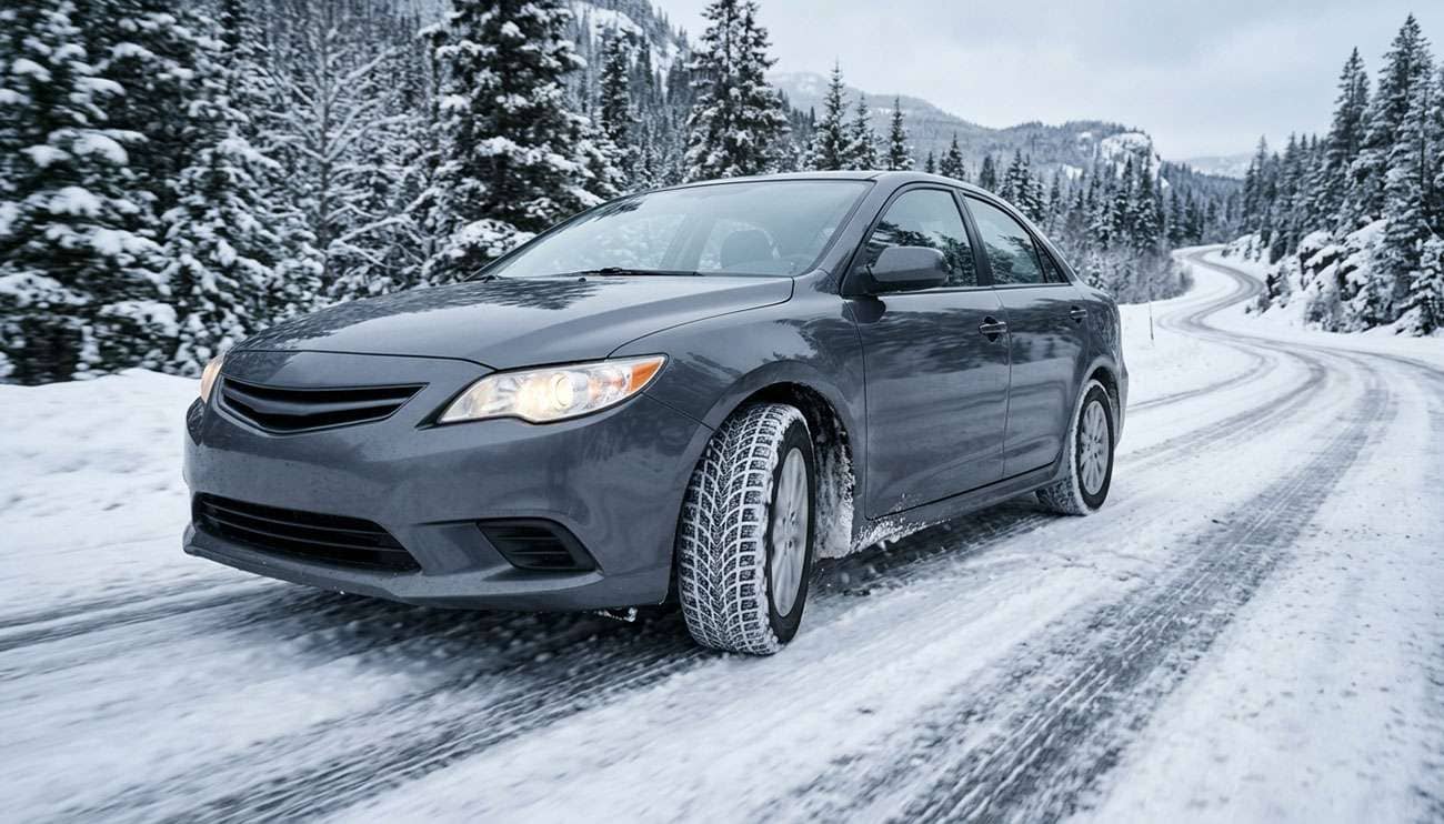 Vehicle with winter tires driving on snow-covered road showing aggressive sipe pattern