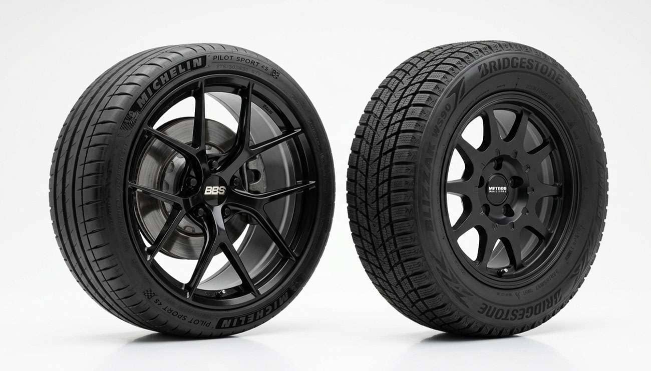 Winter tire mounted on a smaller diameter wheel next to a larger low profile summer wheel and tire for size comparison