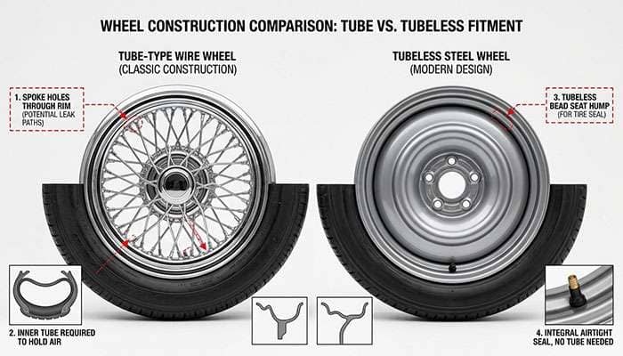 Spoked wire wheel beside a sealed one-piece steel wheel showing the difference for tube versus tubeless fitment on a white studio backdrop