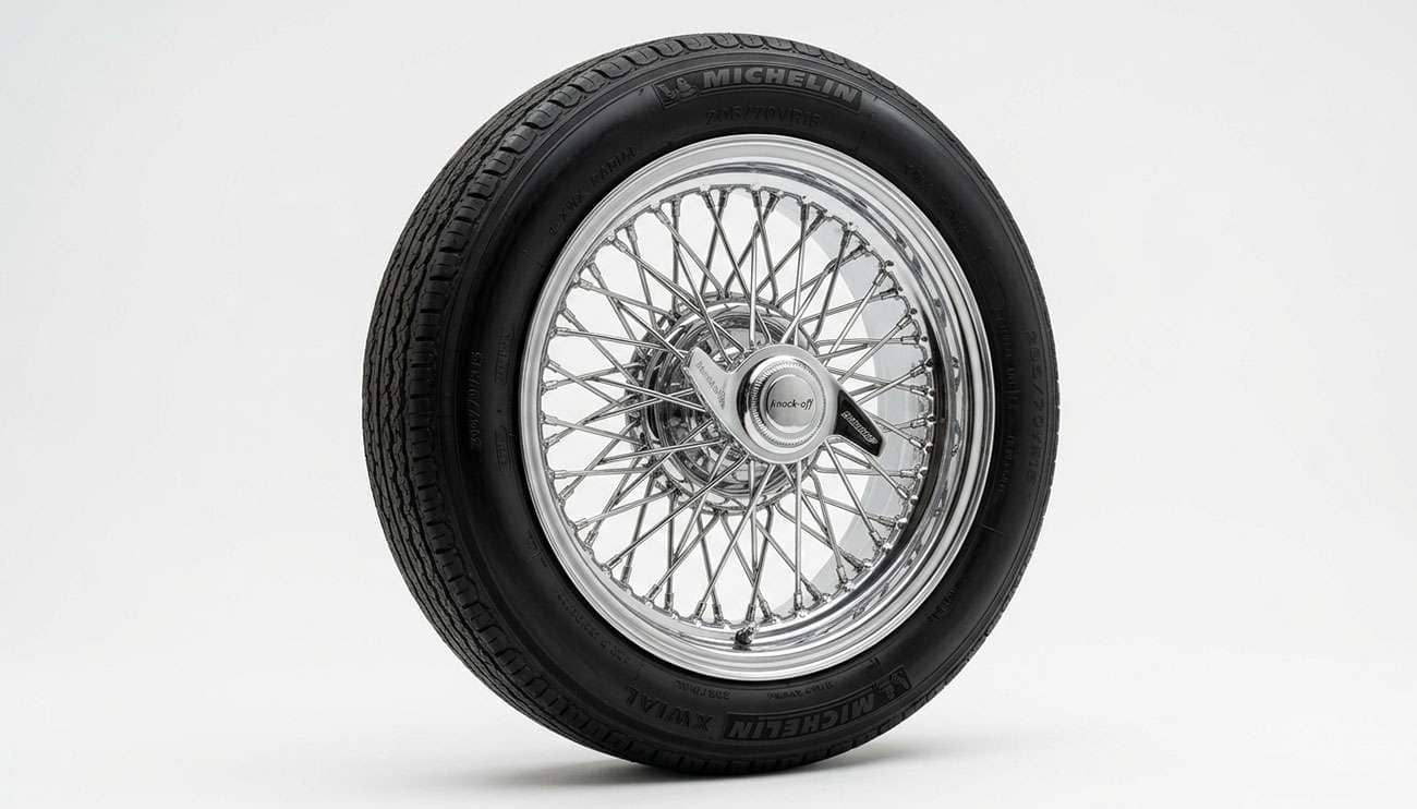 Chrome wire wheel with a two-ear knock-off spinner on a clean white studio backdrop
