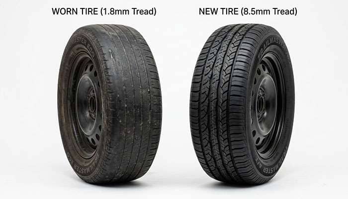 Worn affordable tire next to a newer tire for tread comparison