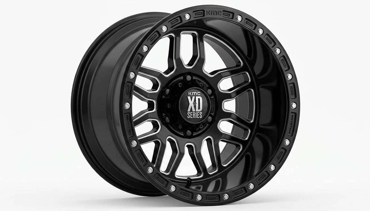 XD Series XD820 Grenade off-road wheel with black and milled finish shown on a clean white seamless backdrop