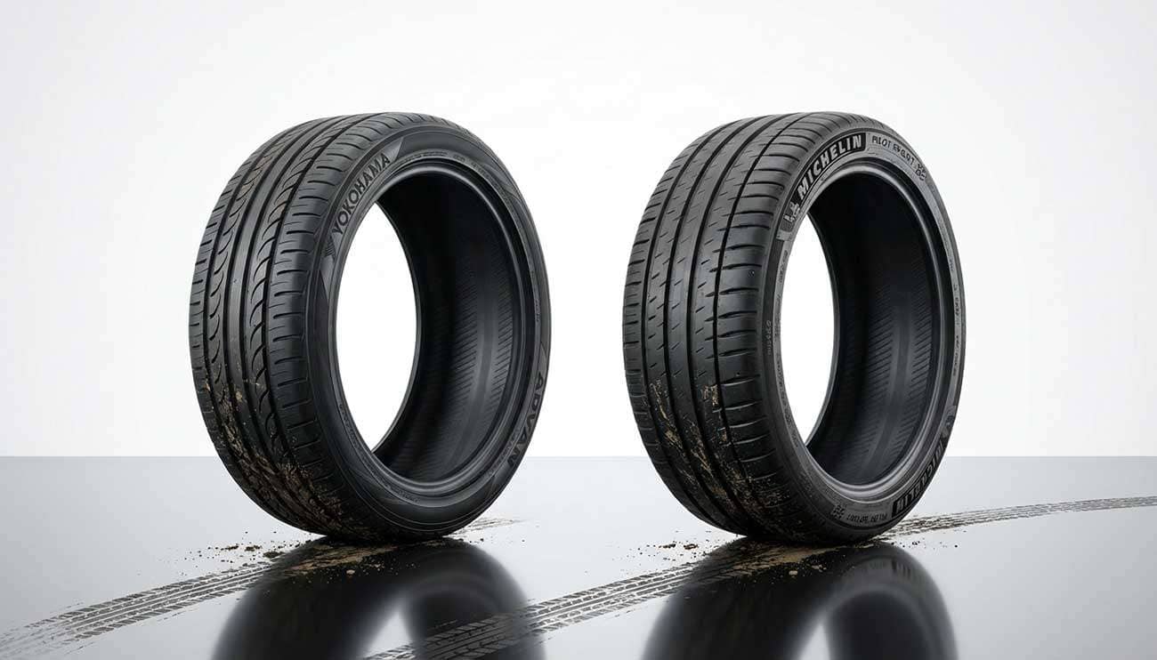 Yokohama and Michelin tires side by side comparison on reflective surface with dirt splashes