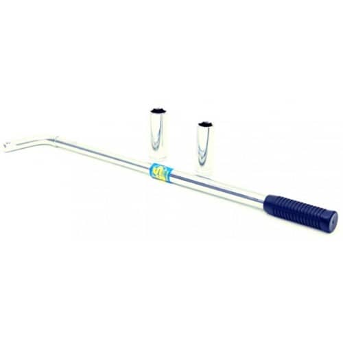 Extendable power wrench with thin-walled sockets removing lug nuts from an alloy wheel