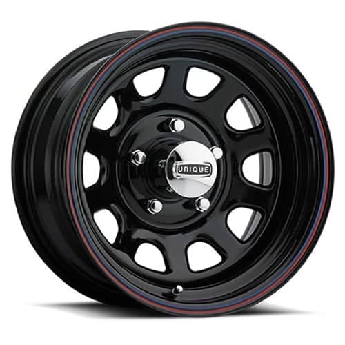 Unique Steel 42 D Window 16x7 6x139.7 0 ET 108.7 CB Gloss Black w/Red and Blue Stripes (42-7760)