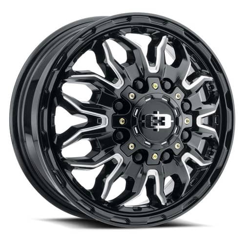 Vision 410 Korupt Dually Front 16x6 6x180 84 ET 130.1 CB Gloss Black Milled Spoke (410-6678GBMS84)