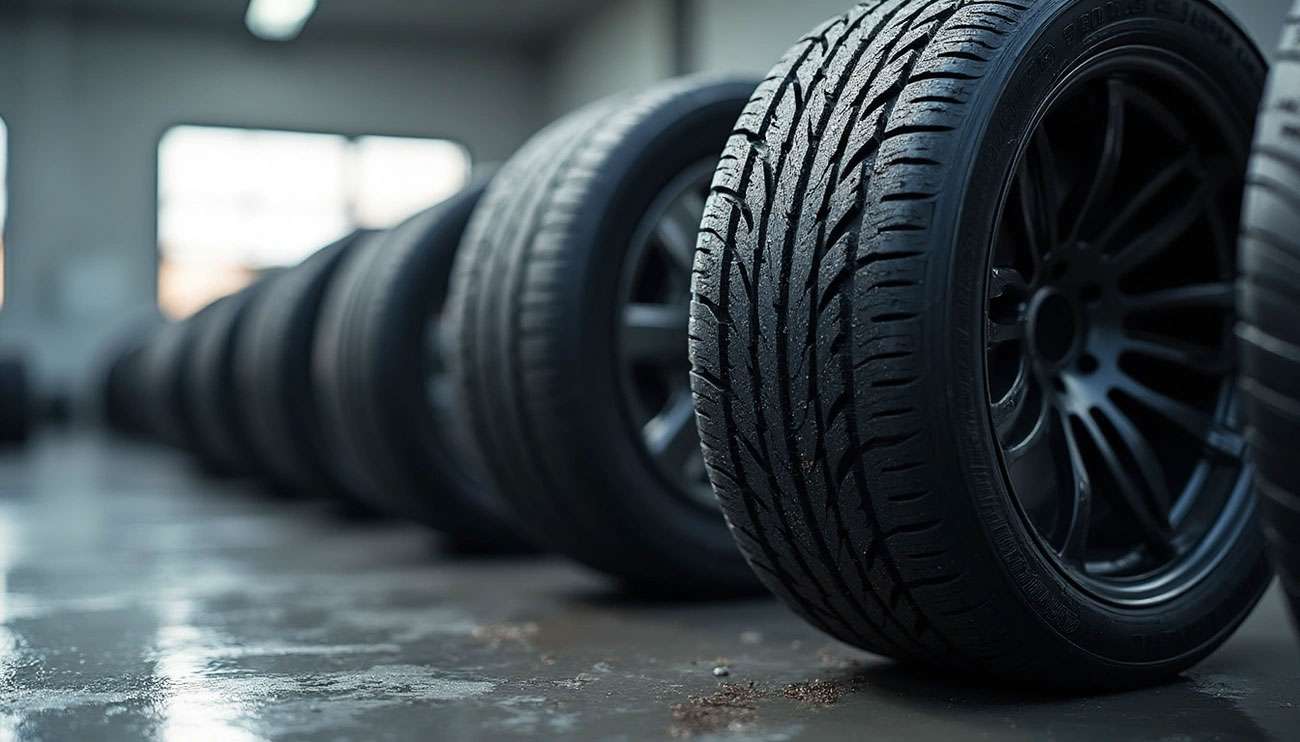 Row of black car tires with detailed treads lined up on a reflective garage floor in a well-lit space.