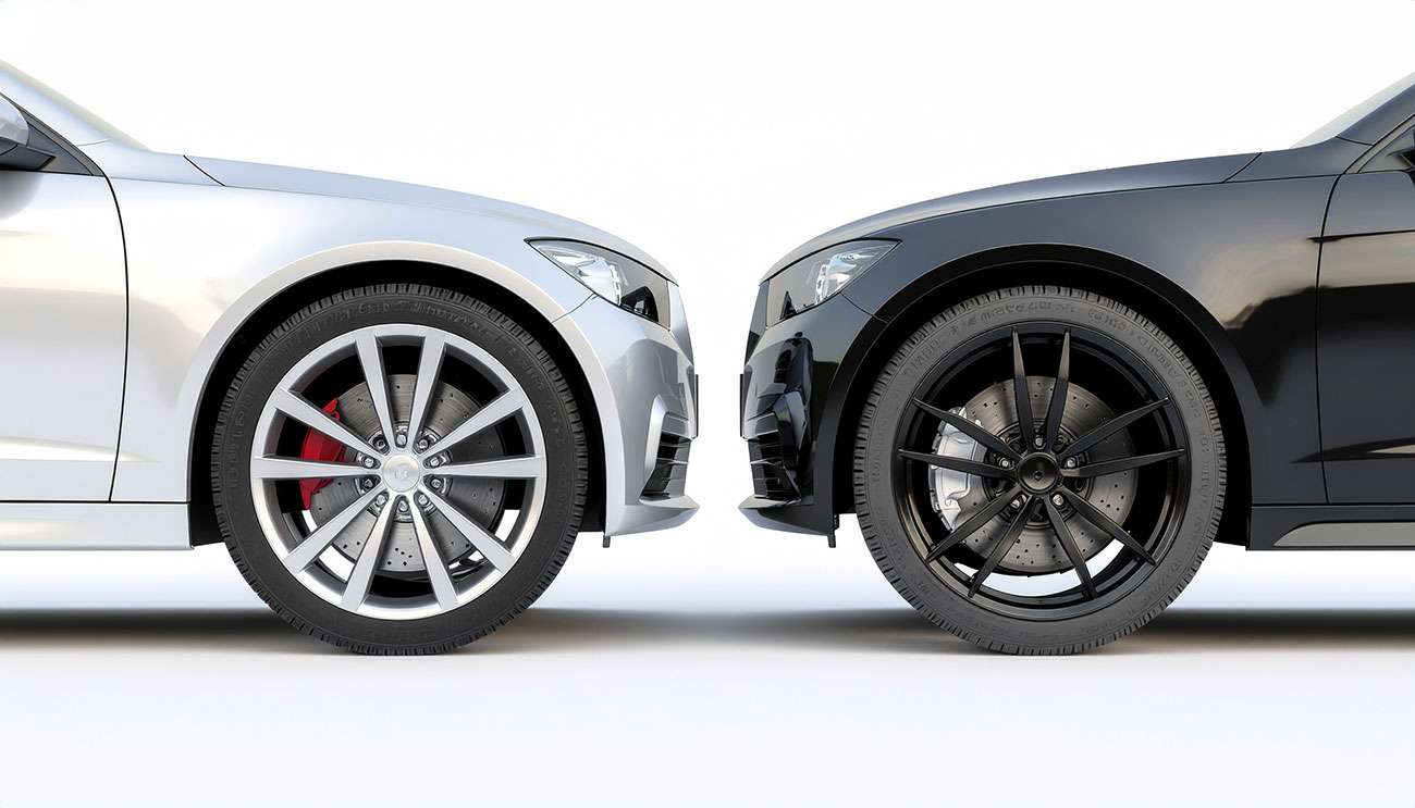 Side-by-side comparison of 17-inch and 18-inch wheels on a midsize sedan showing tire profile and brake clearance