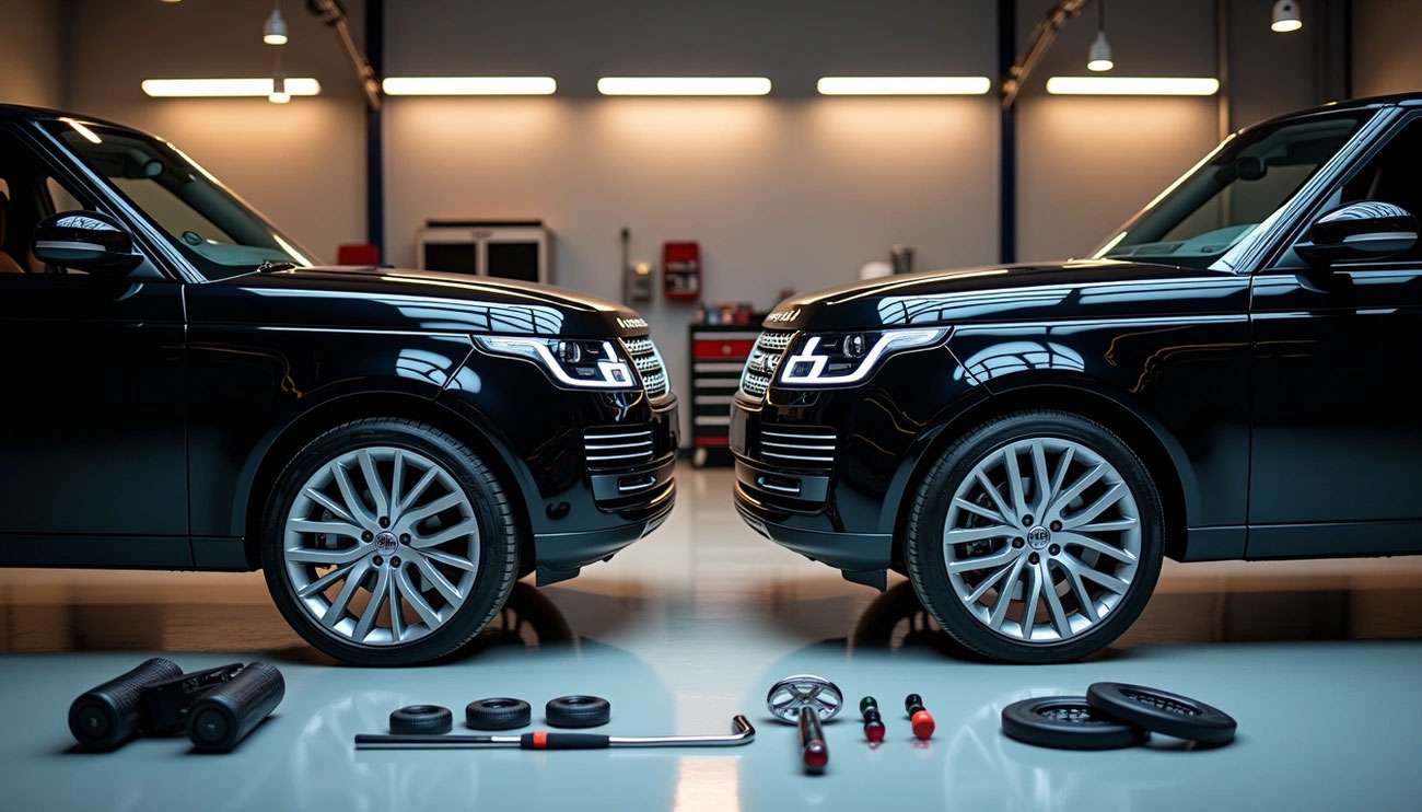 SUV in a service bay with 22-inch wheels installed; technician checking clearance and torque after upgrading from 20-inch rims