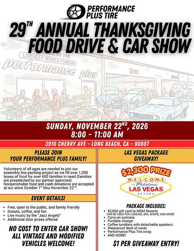 Performance Plus Tire 29th Annual Thanksgiving Food Drive and Car Show flyer for November 22 2026