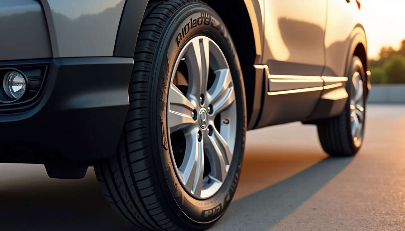 Close-up of a car tire and wheel at sunset, highlighting the 225 65R17 tire size on the sidewall