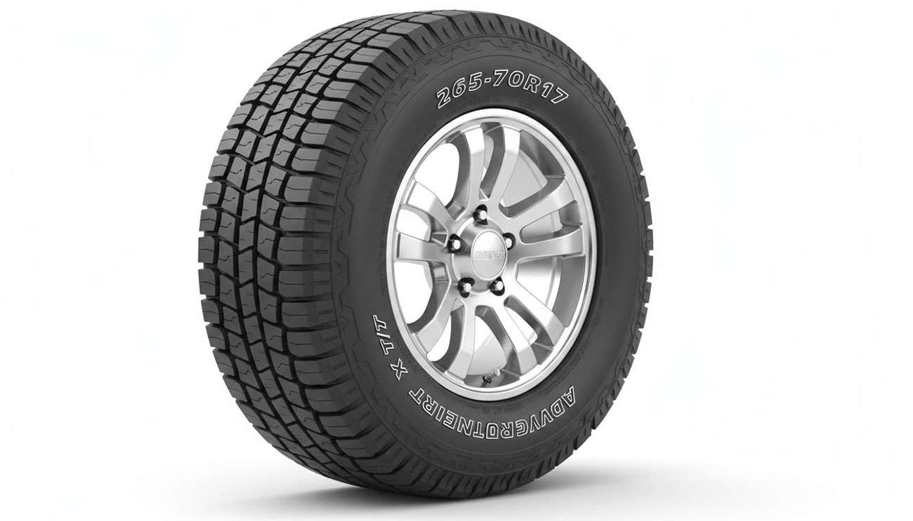 Close-up view of a 265/70R17 tire showing tire size markings and tread pattern