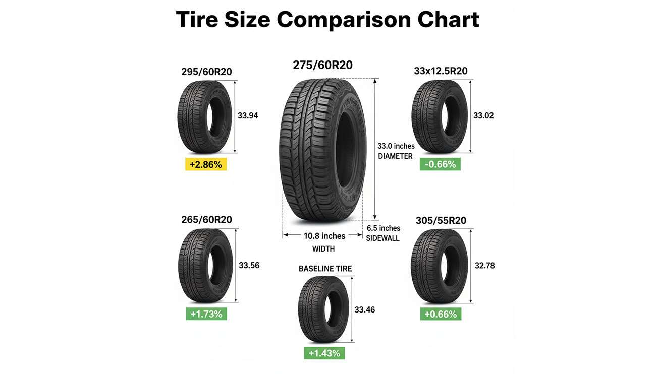 Tire size comparison chart showing 275/60R20 specifications and equivalent tire sizes for trucks and SUVs