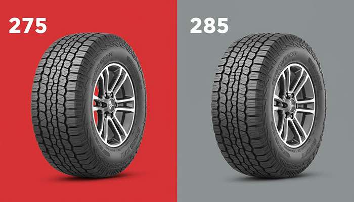 Comparison image showing 275 vs 285 tire sizes with distinct tread patterns and rims on red and gray backgrounds