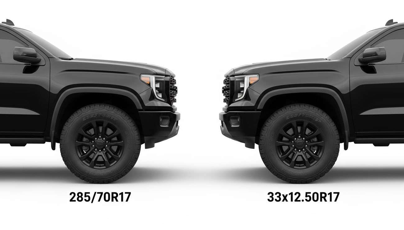 Off-road truck tire comparison showing 255/70R17 and 33x12.50R17 tire sizes mounted on vehicles demonstrating size differences