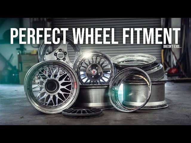 Various three-piece custom wheels and rims with different finishes arranged on workshop floor showing perfect wheel fitment options