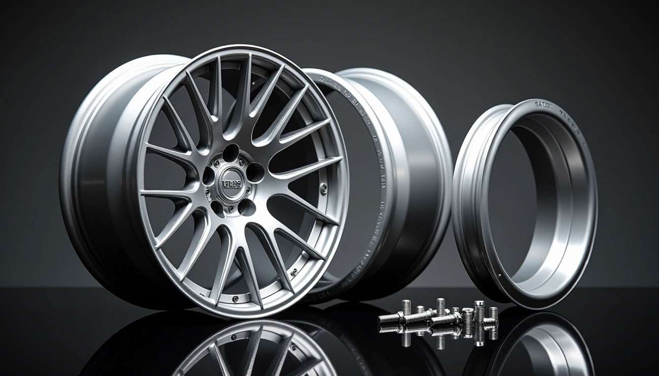 Three-piece silver alloy wheel components including forged center, inner barrel, outer barrel and aircraft-grade stainless steel bolts displayed on reflective black surface