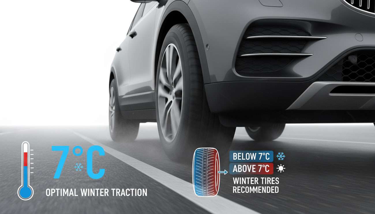 Vehicle with winter tires driving on cold road demonstrating the 7 7 rule for tire safety at 7 degrees Celsius