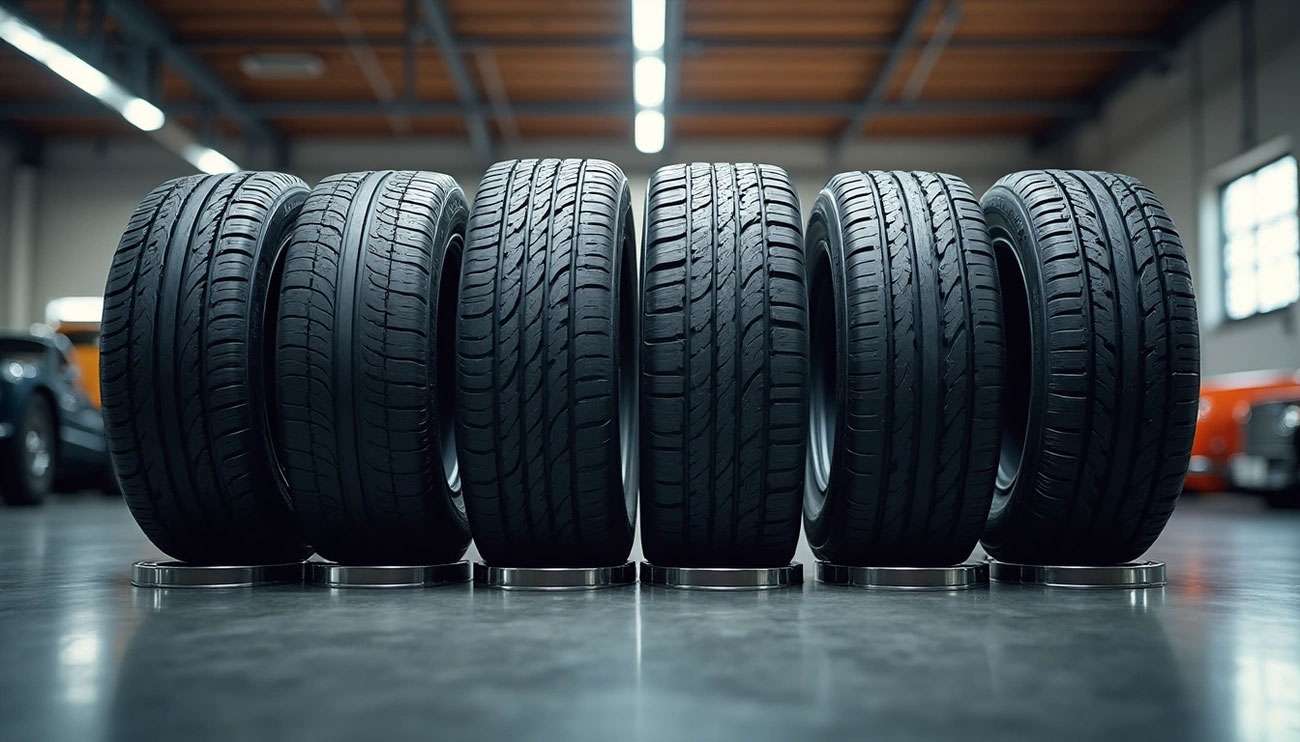 Six different affordable tires displayed upright in a warehouse, highlighting tread patterns for 2025 testing results.
