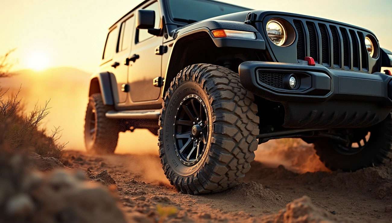 Black off-road vehicle with rugged tires driving on rocky terrain at sunset, kicking up dust on a rough trail.