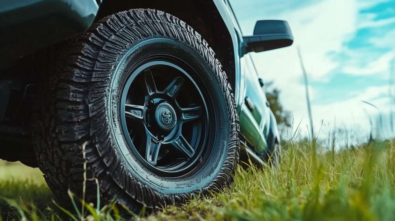 Close-up of a black Toyota truck tire on grass with clear sky in the background, highlighting wheel offset issues.