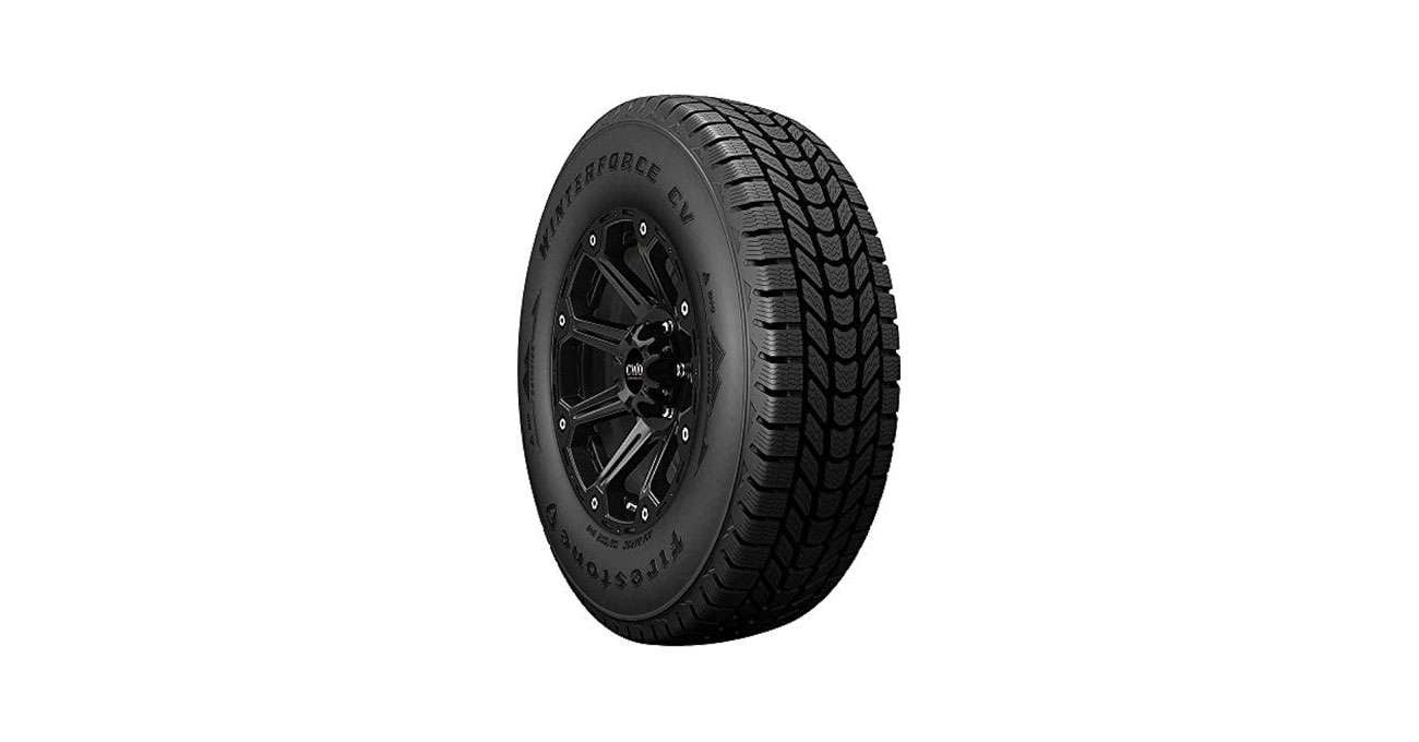 Firestone Winterforce CV winter tire with deep tread and black alloy wheel for commercial light trucks.