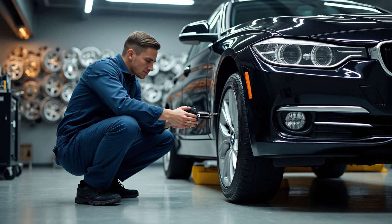 Mechanic in blue overalls measuring tire pressure on a black car inside a garage with wheels on the wall.