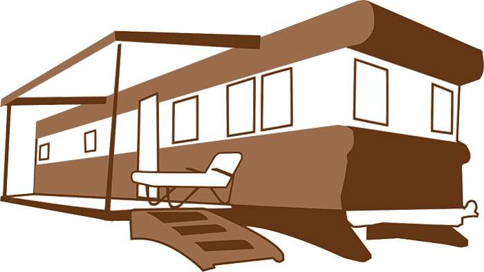 Illustration of a brown and white trailer camper with windows, an awning, and stairs leading to the entrance.