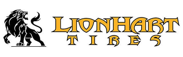 Lionhart tire showing detailed tread pattern and sidewall branding on dark background