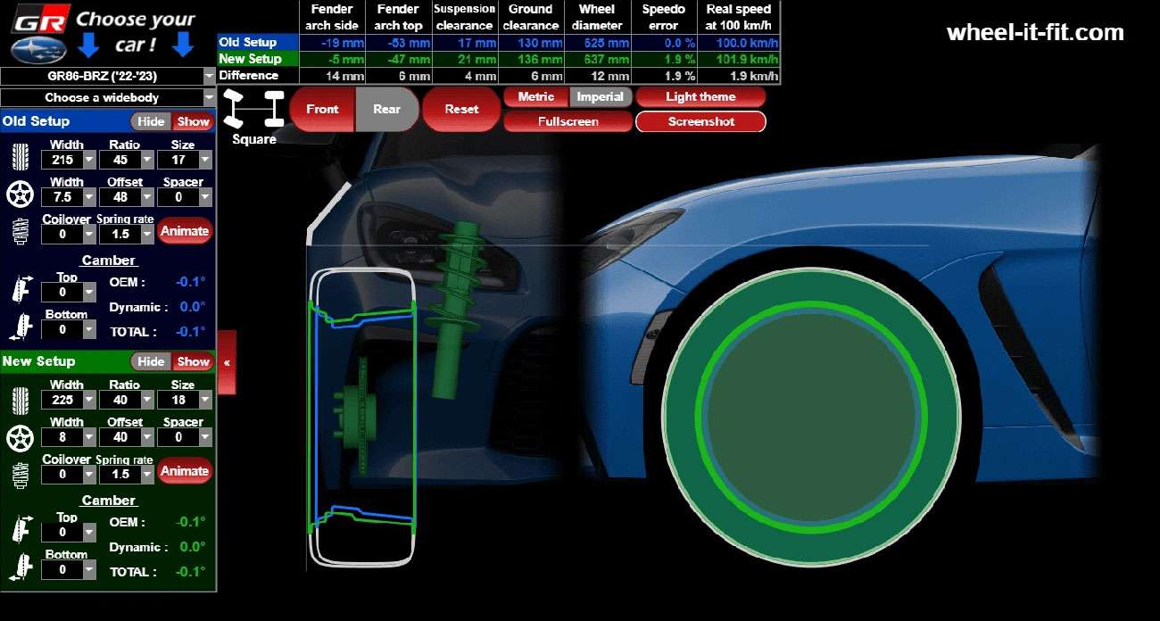 Wheel-it-fit wheel fitment calculator interface displaying tire and suspension settings for a GR86-BRZ car model.