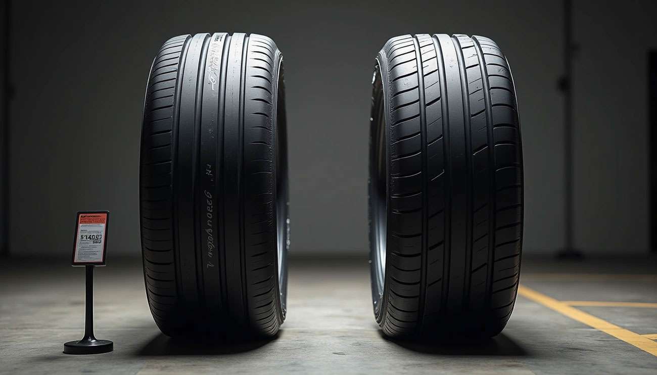Two Accelera tires displayed side by side on a showroom floor with a price tag sign showing budget-friendly pricing