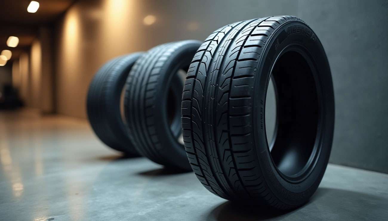 Close-up of three new black tires lined up on a polished floor in a softly lit indoor setting
