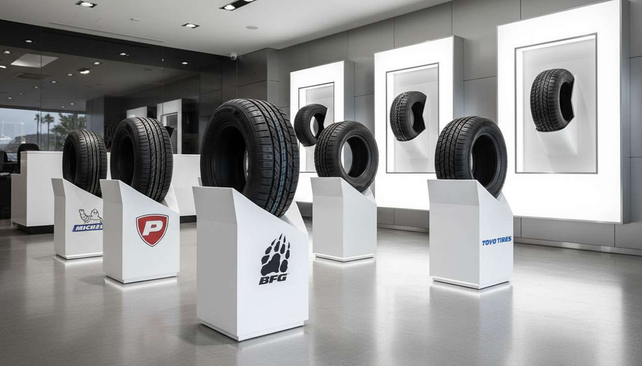 Comprehensive comparison display of various aftermarket tire types and brands arranged side by side